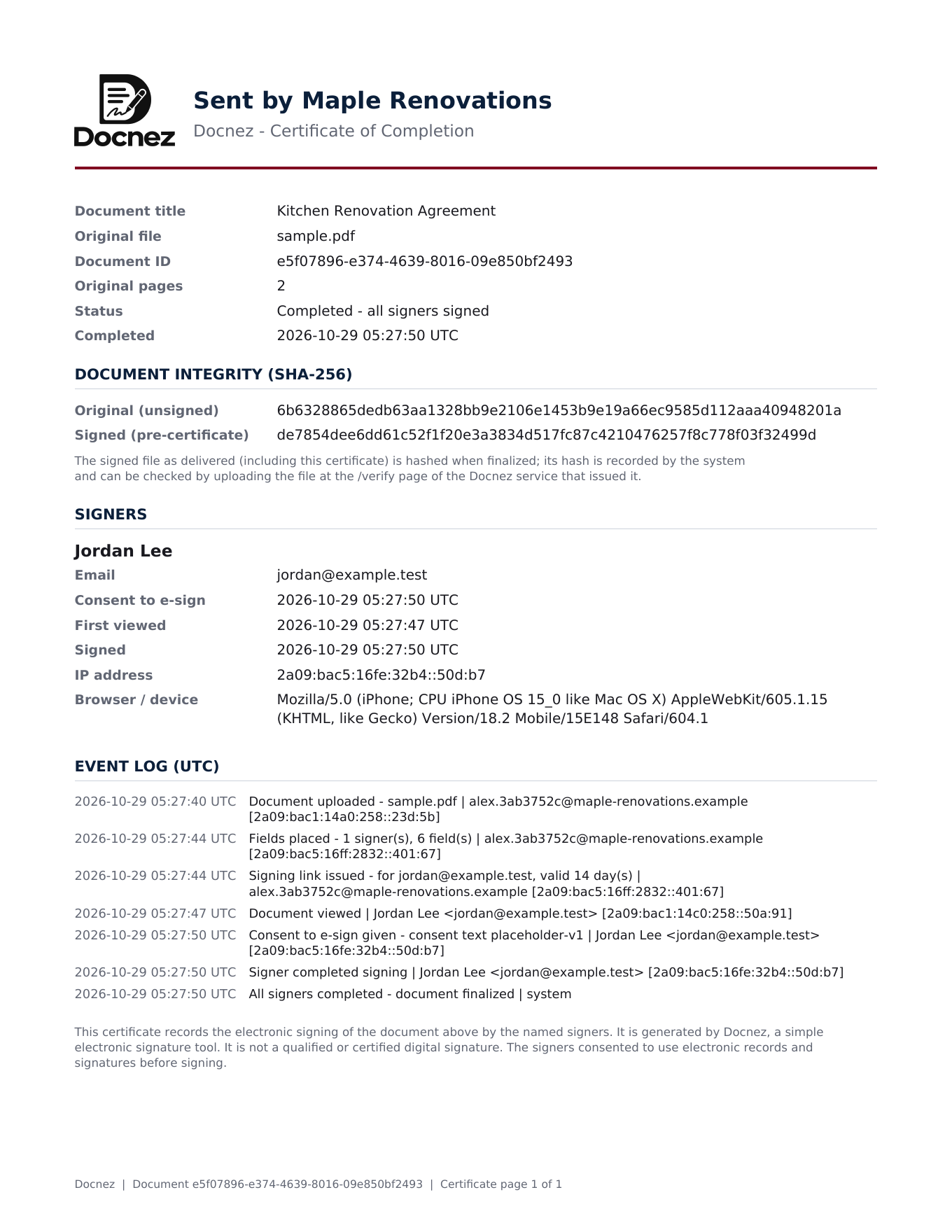 Docnez certificate of completion listing signer details, document hashes and an event log