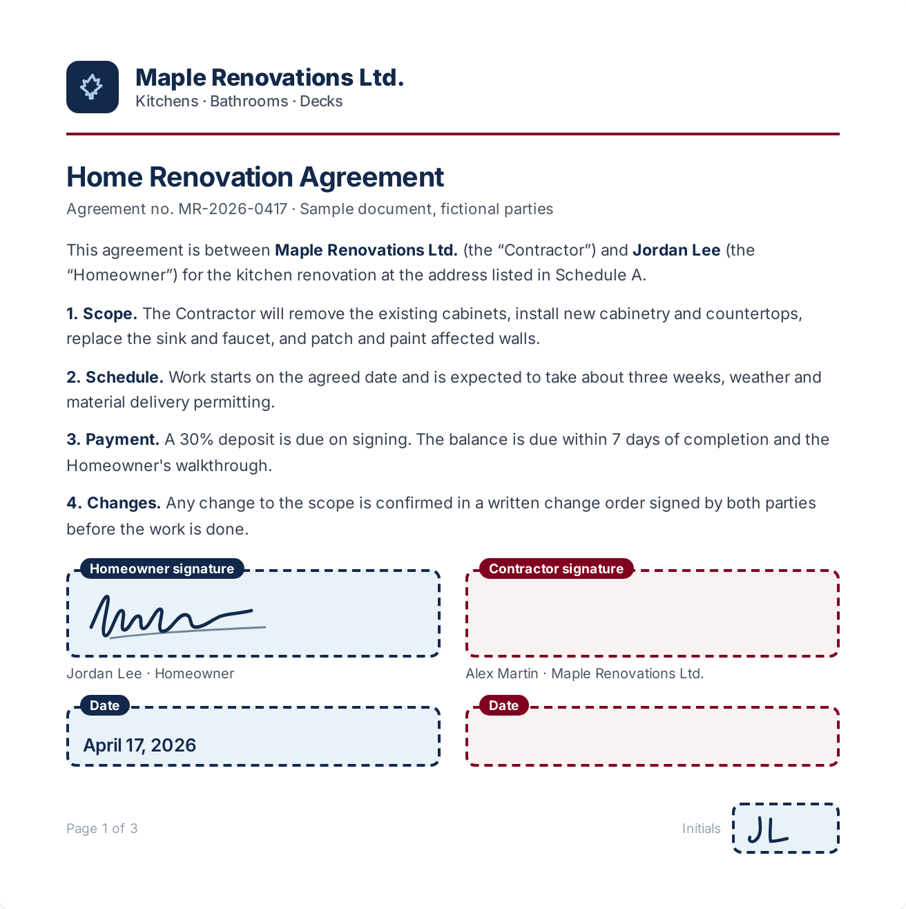 Sample renovation agreement with signature fields