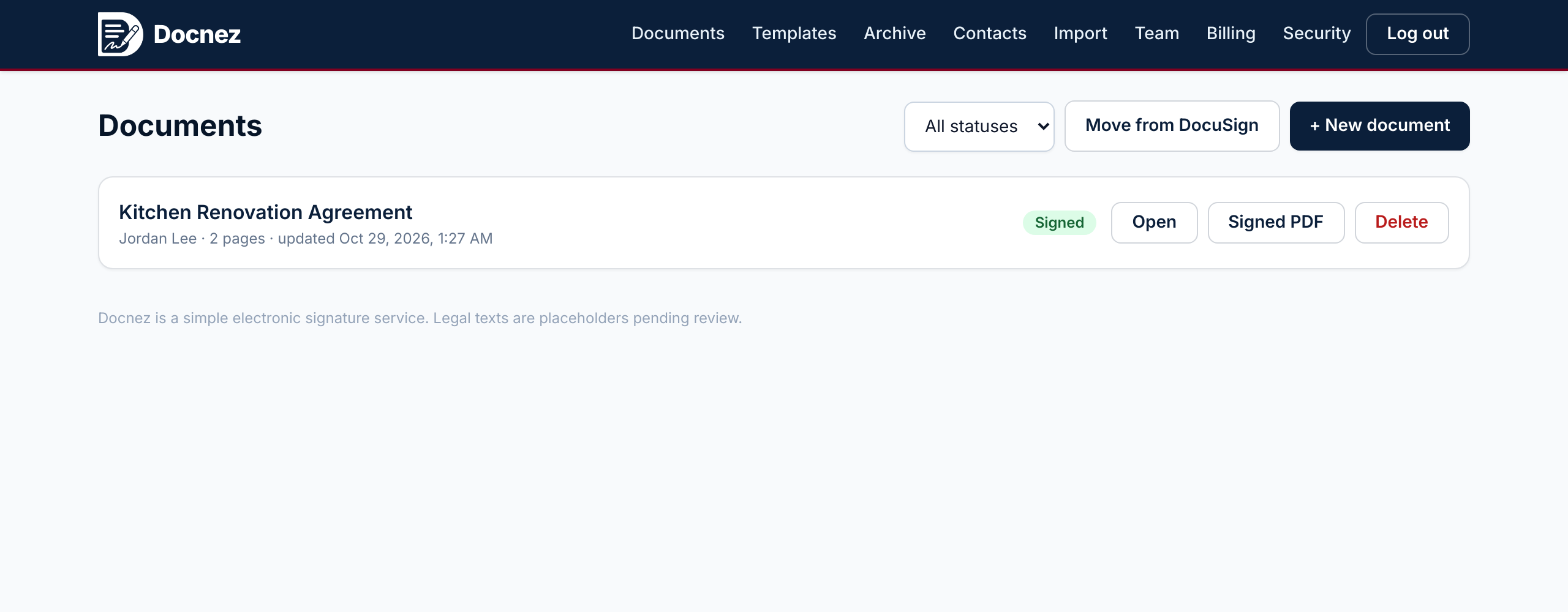 Docnez documents dashboard showing a signed agreement