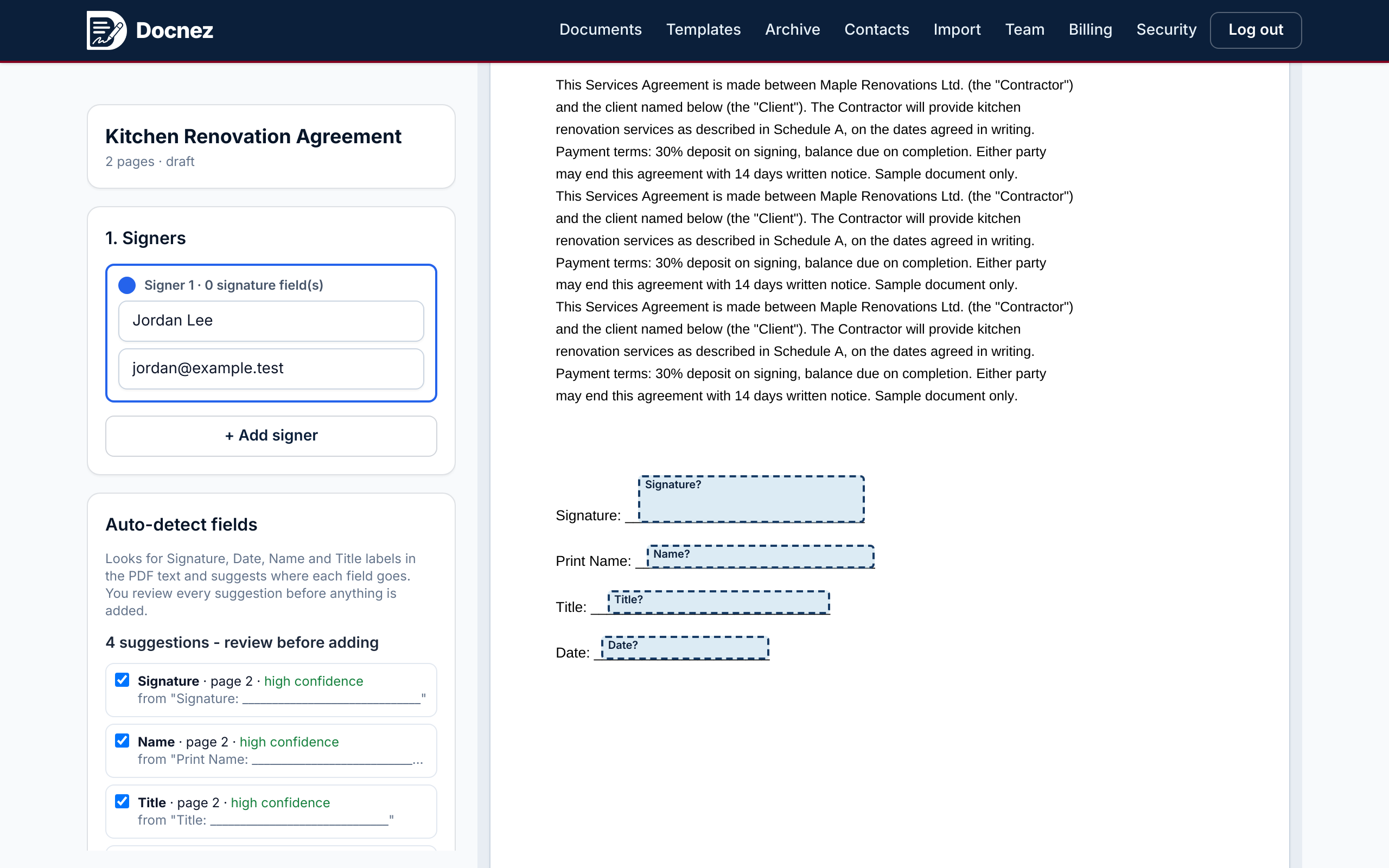 Docnez editor with auto-detected signature fields