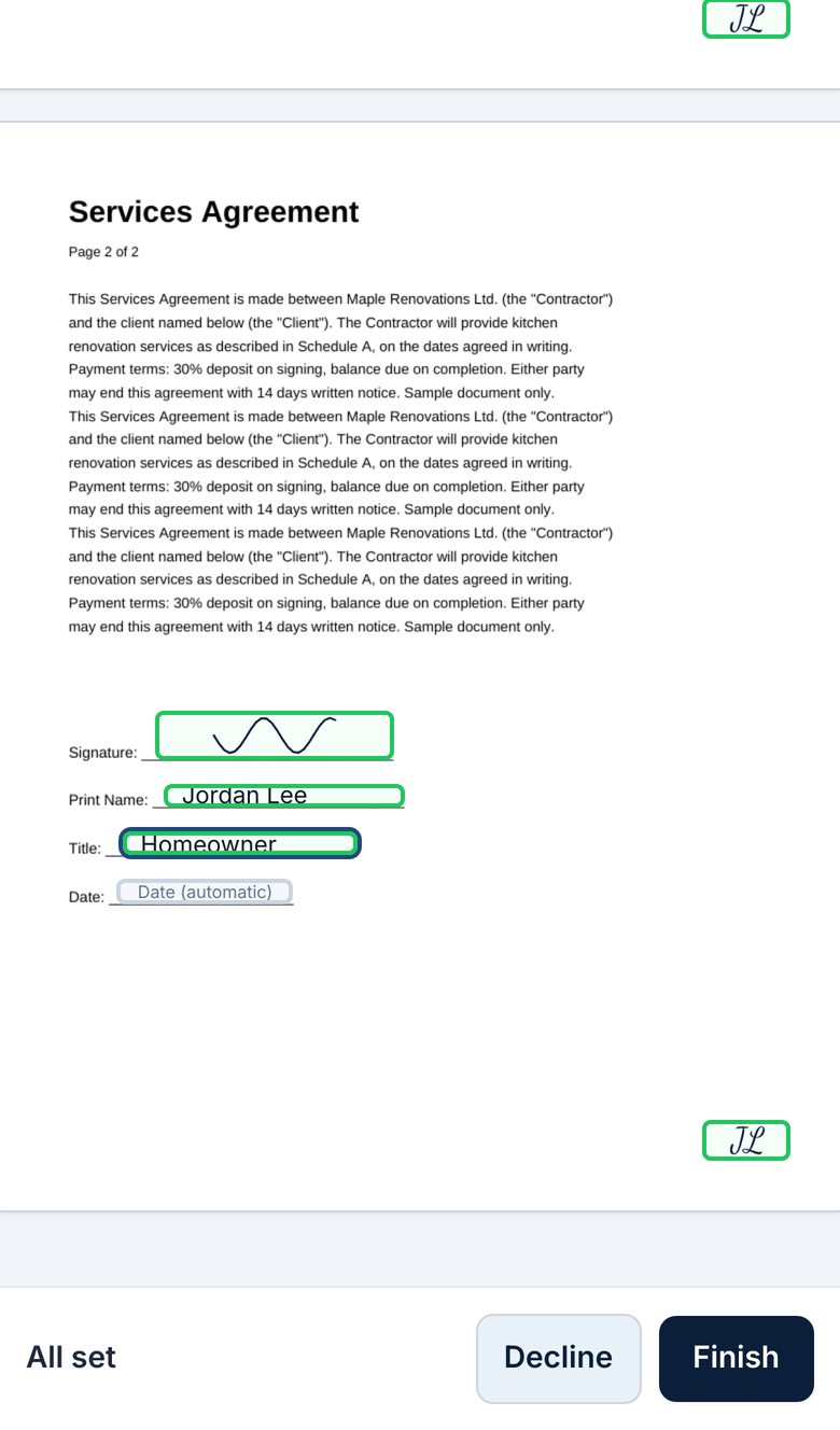 Signing a document on a phone with Docnez
