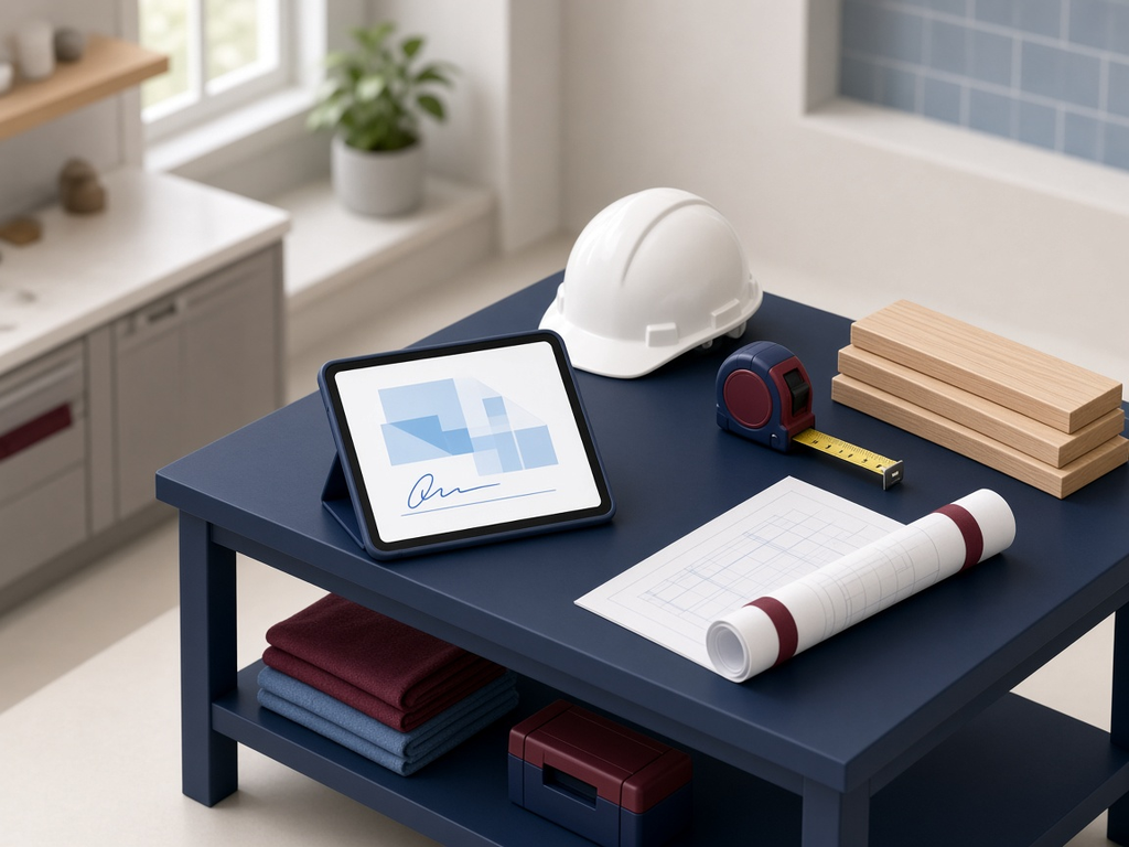Illustration: A contractor workbench with a tablet showing a signed document