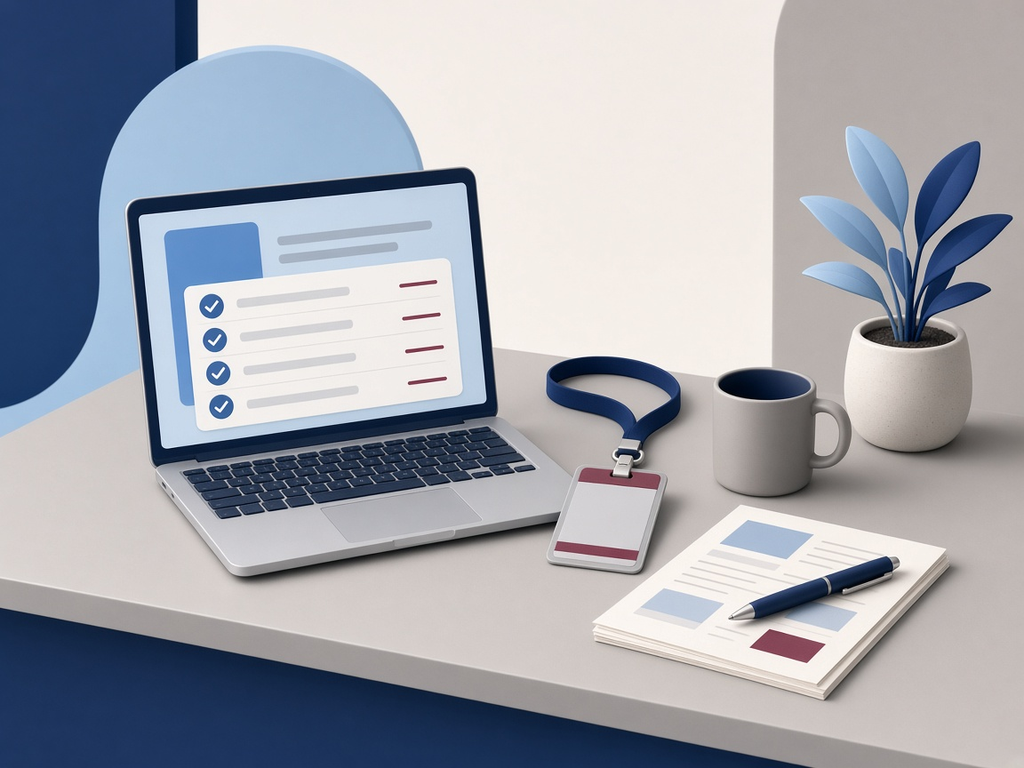 Illustration: A welcome desk with a laptop checklist and an ID badge