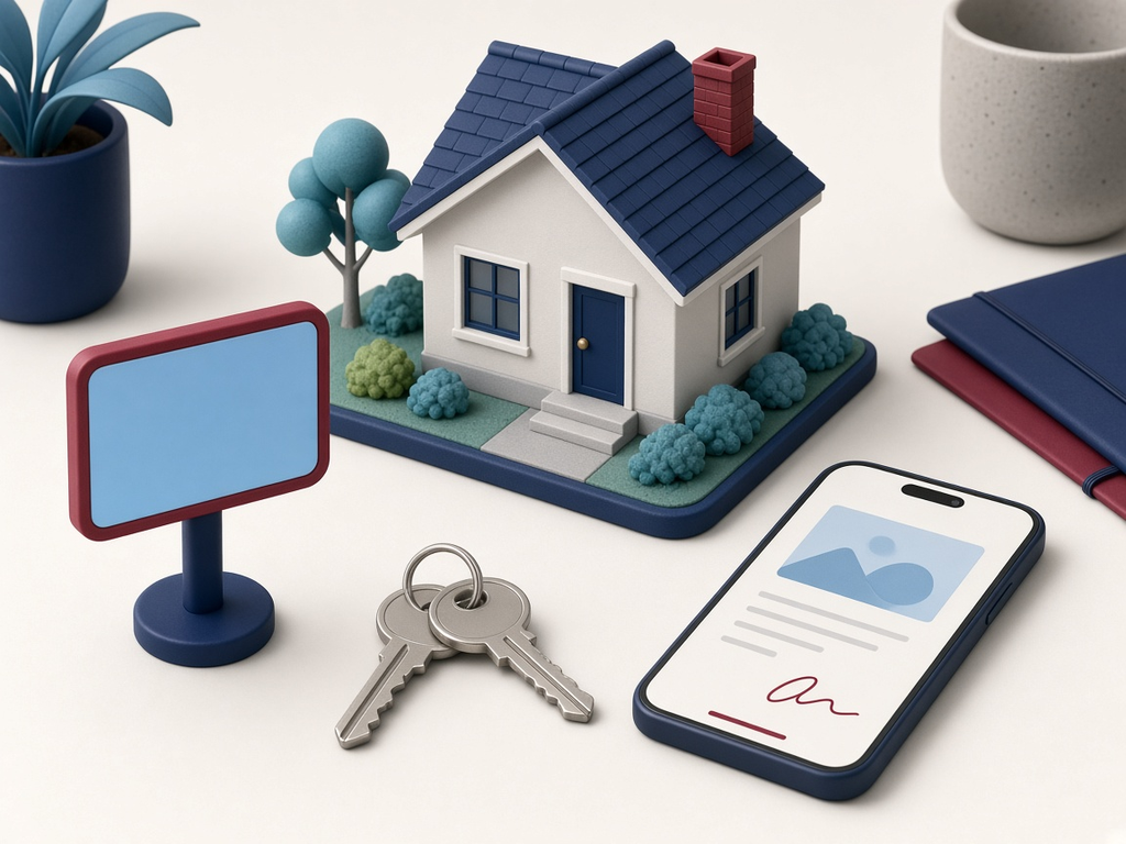 Illustration: A model house, keys and a phone showing a signature