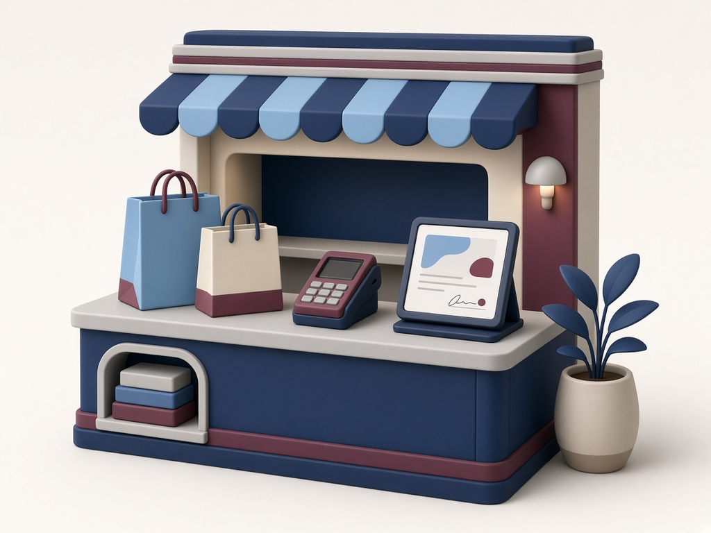 Illustration: A small shop counter with a tablet showing an agreement